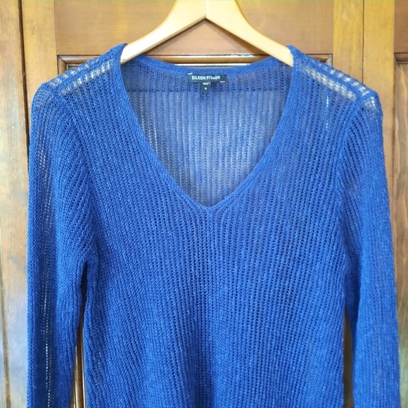 Eileen Fisher Linen Blend V-neck Airy Loose Knit Rib Asymmetrical Tunic Sweater - Picture 2 of 11
